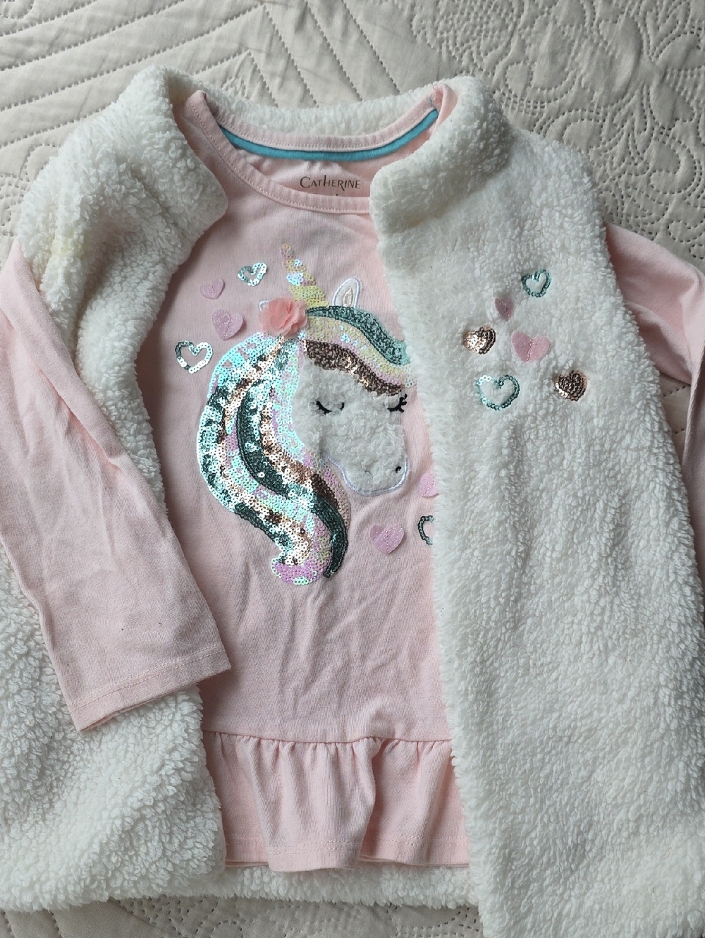 Catherine Malandrino Light Pink Unicorn Sequin Top with Cream Sherpa Vest